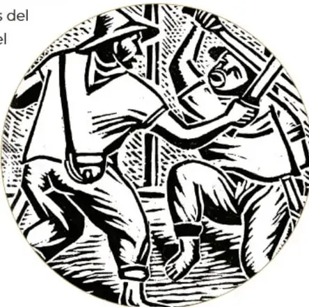 Litografía circular de Rodrigo Arenas Betancourt (en Julio Posada, El machete, 1946): figura insurgente con sombrero y machete en actitud de combate; acervo INEHRM.
