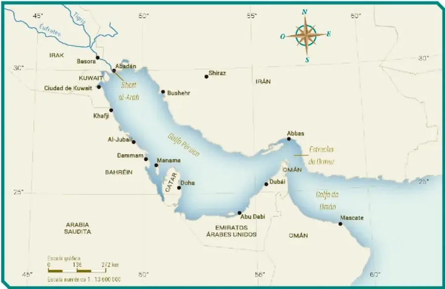 Mapa físico-político del golfo Pérsico con países, ciudades, ríos y escalas.