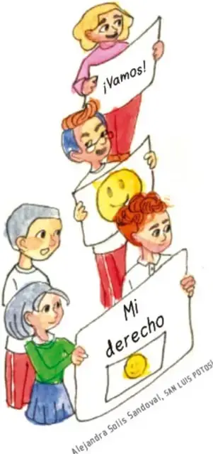 Grupo de niñas y niños sostienen carteles con los textos '¡Vamos!', una carita feliz y 'Mi derecho'. Firmado por Alejandra Solís Sandoval, San Luis Potosí.