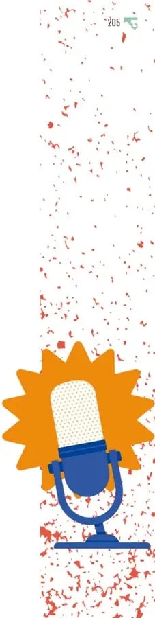 Ilustración collage: salpicaduras rojas sobre blanco, fragmentos del retrato de Malintzin en tonos naranja con collar de perlas en la esquina izquierda, un micrófono vintage azul dentro de un círculo naranja estrellado en la parte derecha y una línea verde de onda de sonido.