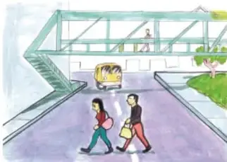 Ilustración de peatones cruzando en un paso a desnivel cerca de una carretera con autobuses.
