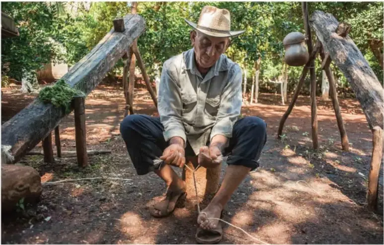 Fotografía de un hombre maya con sombrero, sentado al aire libre en Yucatán, preparando fibras de sisal o henequén; alrededor hay troncos de madera y guajes colgados. Crédito: fotografía de Dennis Jockmans.