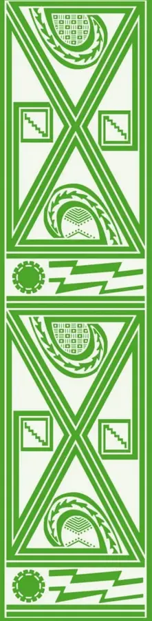 Franja vertical verde con un motivo geométrico de estilo prehispánico: triángulos, escalinatas, círculos dentados y rayos, dispuestos en un patrón repetitivo simétrico.