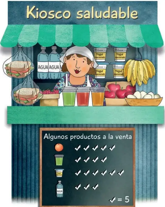 Ilustración de un quiosco saludable con una vendedora, frutas, yogures, jugos y agua.