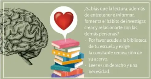 Anuncio de biblioteca con un cerebro, un corazón y libros, promoviendo la lectura.