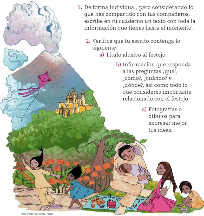 Ilustración de un volcán con nubes, una iglesia en la ladera, un cometa volando, niños jugando y una familia sentada en un petate con comida (crédito: Tania Villanueva López, PUEBLA).