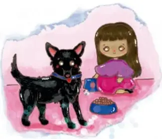 Niña junto a un perro negro con su plato de comida; ilustración de Cristy Ailed Reyes Espinosa, Zacatecas.