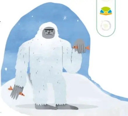 Ilustración de un personaje de nieve (yeti) blanco sobre fondo azul, posiblemente representando un elemento simbólico o fantástico.
