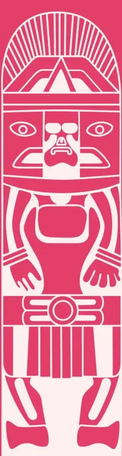Ilustración estilizada en rosa y blanco de una figura prehispánica o mesoamericana, con tocado radiado, rostro con orejeras, brazos y piernas definidos, y faldón con franjas verticales; funciona como elemento decorativo de la apertura del tema.