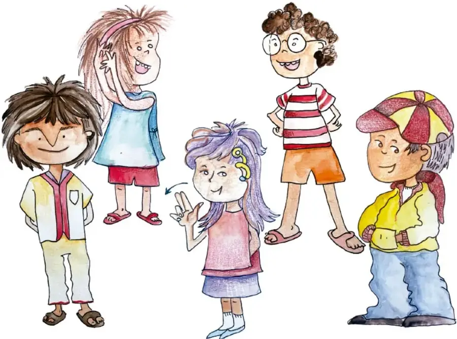 Dibujo de cinco niños de apariencias muy diversas: peinados, ropa y rasgos diferentes; una niña señala con una flecha su particularidad, mostrando similitudes y diferencias entre ellos. Ilustración de Claudia Lucía Bautista Parra, Jalisco.