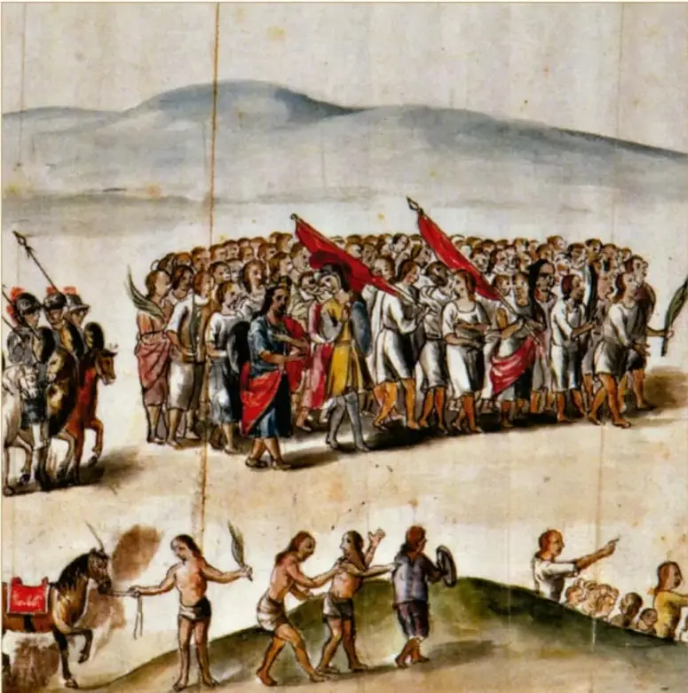 Lámina coloreada de Fray Pablo Beaumont (1792) que muestra una comitiva de la conquista: españoles armados con estandartes rojos, indígenas custodiados, jinetes a caballo a la izquierda e indígenas guías en primer plano, con montañas al fondo.