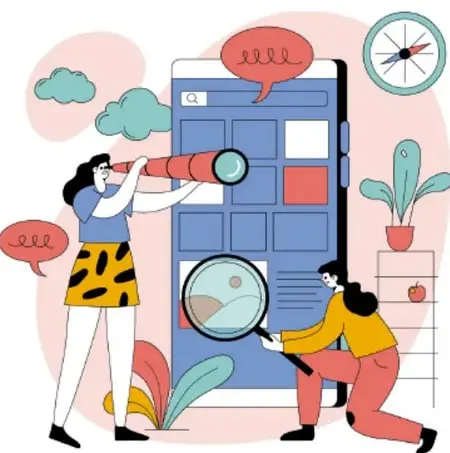 Ilustración de dos personas explorando una pantalla digital con un catalejo y una lupa, simbolizando la investigación y búsqueda de soluciones.