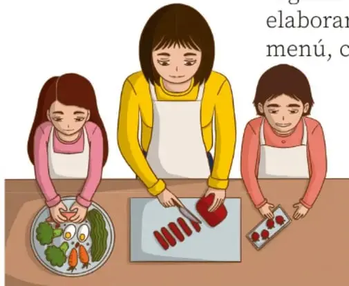 Ilustración de tres niñas con mandiles preparando alimentos saludables sobre una mesa: ensalada de verduras, rodajas de tomate y un postre con frutas.