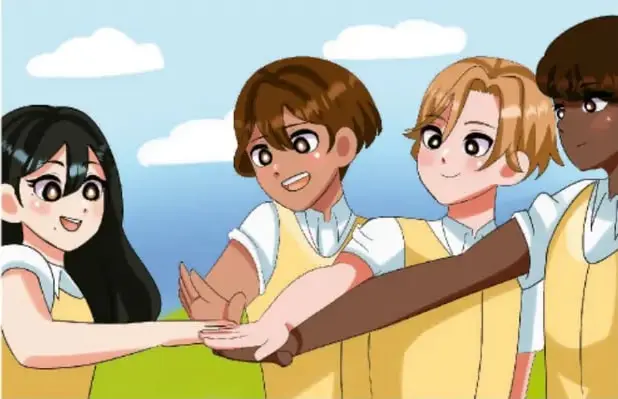 Ilustración de cuatro estudiantes de primaria con uniforme escolar que unen sus manos en señal de colaboración y amistad, bajo un cielo con nubes.