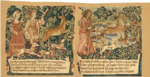 Ilustración medieval que muestra a dos figuras nobles con vestimentas de la época, acompañadas de ciervos y motivos vegetales, propia de un manuscrito iluminado.