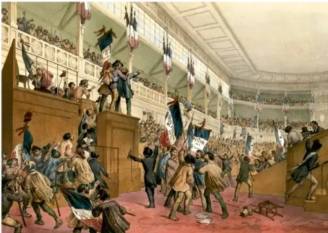 Pintura histórica que representa la sesión de los Estados Generales o la Asamblea Nacional en un recinto con gradas llenas de diputados y público; algunos personajes levantan banderas y documentos.