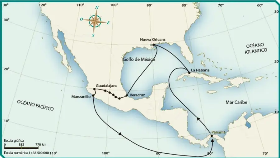 Mapa titulado «Ruta de Benito Juárez durante la Guerra de Reforma (1858-1861)». Muestra el Golfo de México, el Océano Atlántico, el Mar Caribe y el Océano Pacífico. Señala las ciudades de Guadalajara, Manzanillo, Veracruz, Nueva Orleans, La Habana y Panamá, unidas por flechas que indican la ruta. Incluye rosa de los vientos, escala gráfica de 0, 385 y 770 km y escala numérica 1:38 500 000.