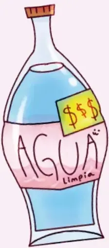 Ilustración de una botella de agua etiquetada 'Agua Limpia' con un precio en pesos ($$$), representando la mercantilización del agua.