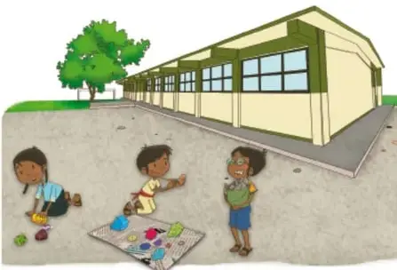 Ilustración del patio de la escuela con tres estudiantes presentando la instalación a un pequeño público sentado en el piso, junto a una obra desplegada.
