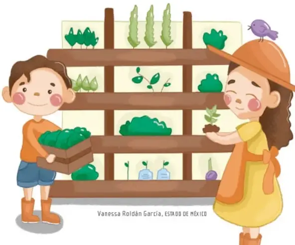 Ilustración de dos estudiantes, un niño con caja de plantas y una niña con maceta, frente a un invernadero de estantería con plantas; crédito Vanessa Roldán García, Estado de México.