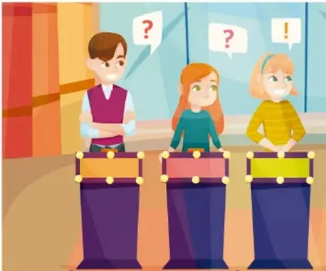 Ilustración de tres concursantes frente a tres puertas con signos de interrogación y exclamación.