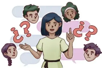 Ilustración de una docente señalando con el dedo, rodeada de estudiantes y globos de diálogo con signos de interrogación, alusiva a la comunidad escolar que pregunta.