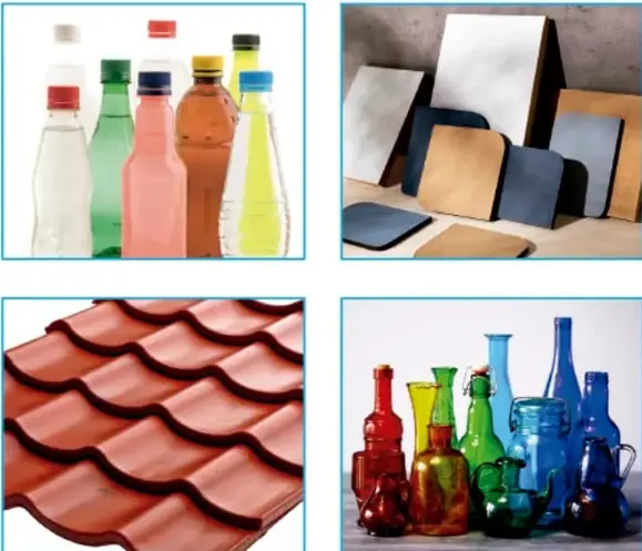 Botellas de plástico de colores (transparente, verde, rosa, ámbar, amarillo) con tapones de distintos colores.