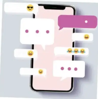 Ilustración de un teléfono celular con burbujas de mensajes y emojis.