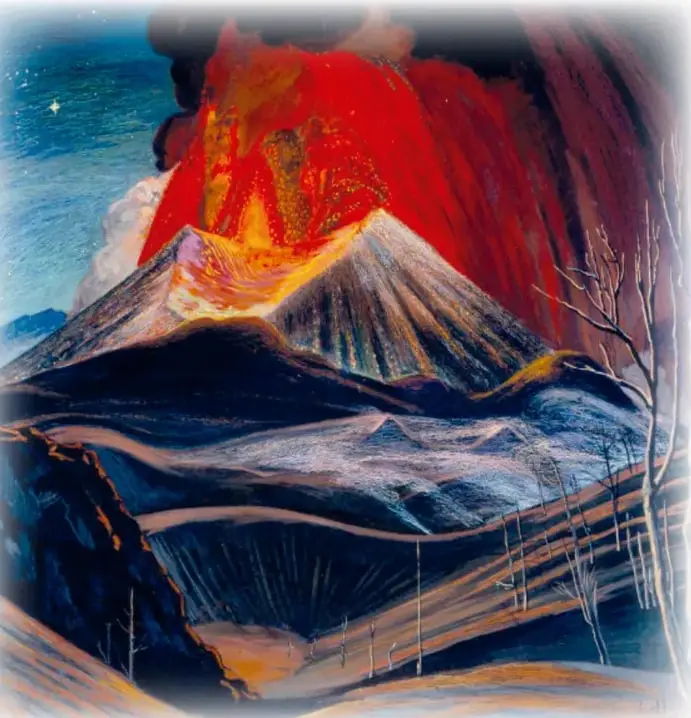 Pintura a color del volcán en erupción nocturna con lava incandescente y conos nevados o de ceniza en primer plano.