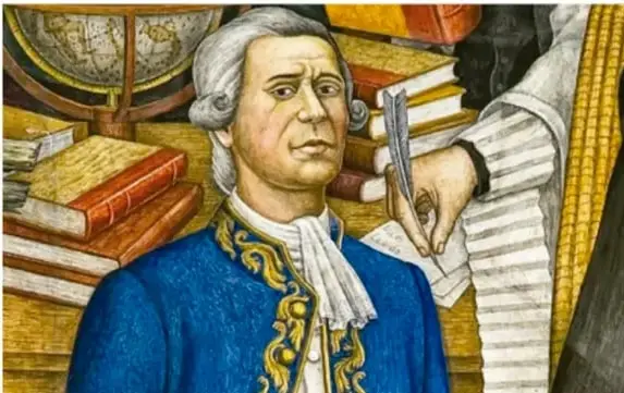 Ilustración de un hombre con peluca blanca y traje azul con bordados dorados, sosteniendo un libro. Detrás, una mano sostiene una pluma. En el fondo, un globo terráqueo y libros. Representa a un ilustrado o a un personaje de la época.