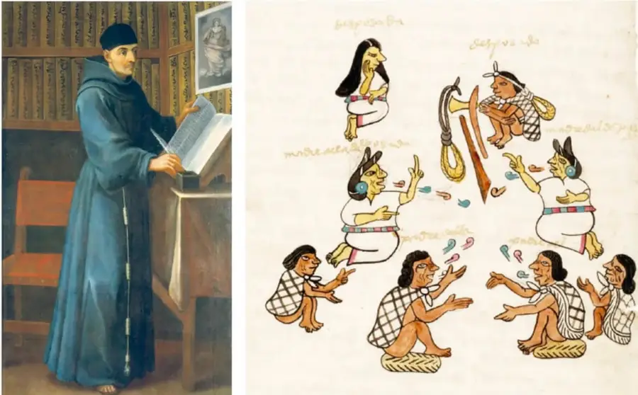 Retrato pictórico de fray Bernardino de Sahagún: fraile con hábito azul oscuro de pie frente a un atril, leyendo un libro abierto, con estanterías de libros al fondo.