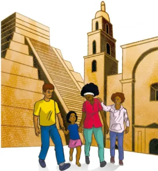 Ilustración de una familia caminando frente a una pirámide prehispánica y una iglesia colonial, símbolo de la herencia indígena y colonial en América. Crédito: José Santiago Mejía Gutiérrez, Ciudad de México.