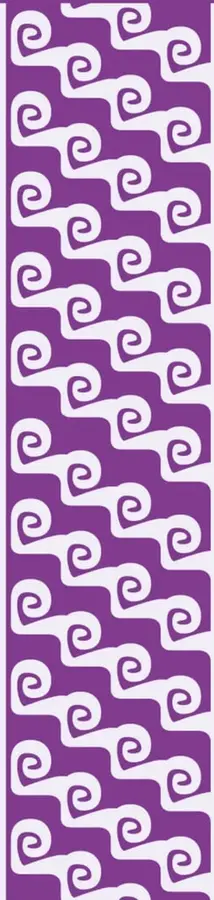 Franja decorativa color morado con patrones geométricos en forma de espirales y líneas verticales blancas.