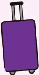 Maleta o equipaje morado con ruedas, estilo caricatura.