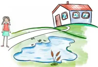 Ilustración de una niña de pie en el pasto, mirando hacia una casa con techo rojo y una laguna con plantas, ubicadas a cierta distancia de ella.