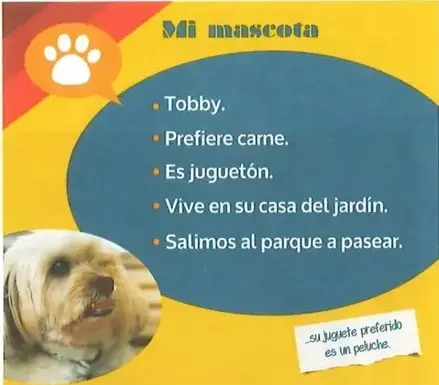 Afiche de ejemplo sobre un perro llamado Tobby. Indica que prefiere carne, es juguetón, vive en una casa del jardín y sale al parque.