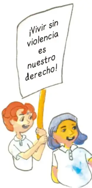 Niñas y niños sostienen un cartel que dice '¡Vivir sin violencia es nuestro derecho!'.