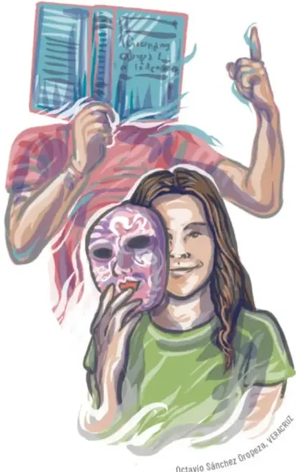 Ilustración de una persona leyendo un libro y otra persona con una máscara teatral, símbolo de los textos dramáticos.