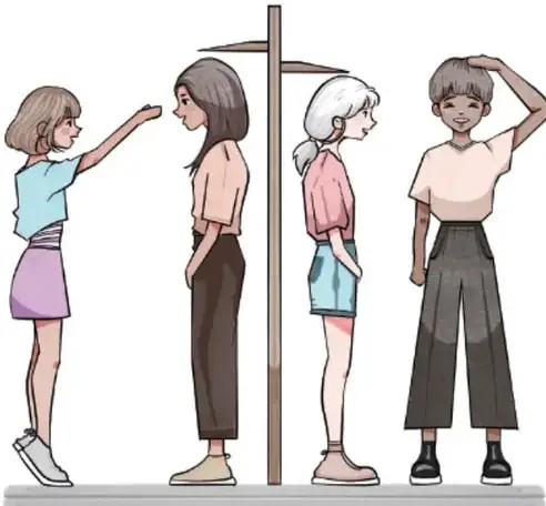 Ilustración de cuatro niñas y niños de distintas estaturas parados junto a una vara vertical para medir la estatura; uno de ellos se mide la altura con la mano sobre la cabeza. Crédito: Melissa Arenas Montealegre, CIUDAD DE MÉXICO.