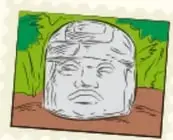 Dibujo de una cabeza olmeca colossal entre vegetación, símbolo de identidad cultural mexicana.