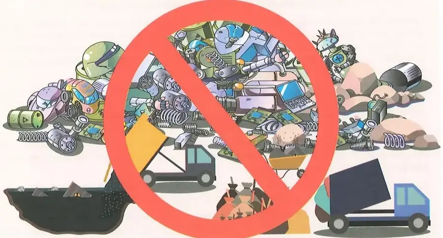 Ilustración de residuos electrónicos e industriales acumulados, acompañada por un símbolo de prohibición.