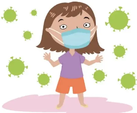 Ilustración de una niña con cubrebocas rodeada de virus, como ejemplo de autocuidado, de Herenia González Zúñiga, Ciudad de México.