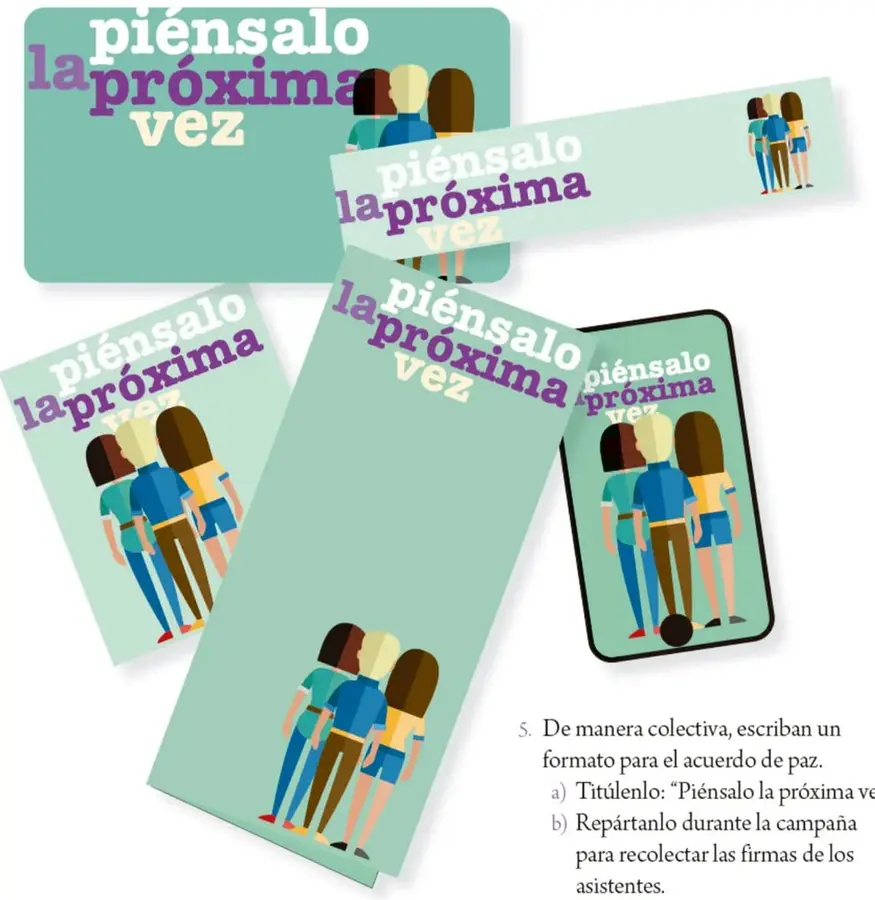Ilustraciones de tarjetas y volantes con el lema "Piénsalo la próxima vez" y figuras de estudiantes.