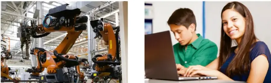 Brazos robóticos naranjas en una planta industrial de fabricación automatizada.