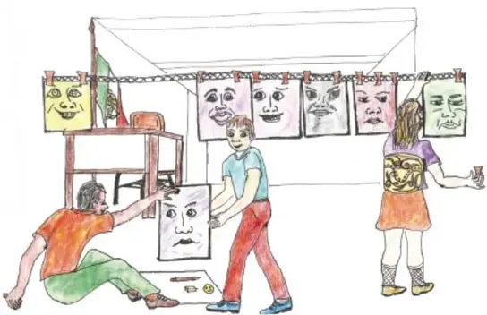 Dibujo firmado por Abdón Pinedo García, Zacatecas: niñas y niños montan una exposición de retratos colgados de un hilo con pinzas y colocan cuadros de rostros en el suelo y en un caballete, como preparación del mural de injusticias.