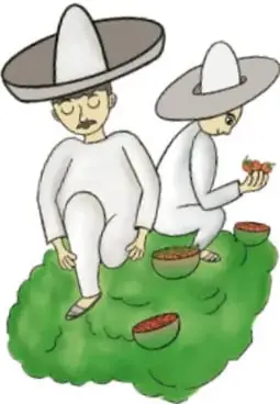 Ilustración de dos campesinos con sombrero de ala ancha sentados sobre un terreno verde con sandías, con la leyenda 'Guillermo de Marco Rojas Palos, JALISCO'.