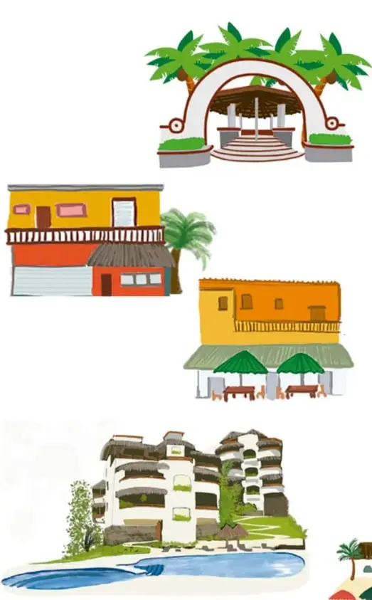Ilustración de un arco con palmeras, que representa la entrada a un lugar turístico o maravilla elegida.