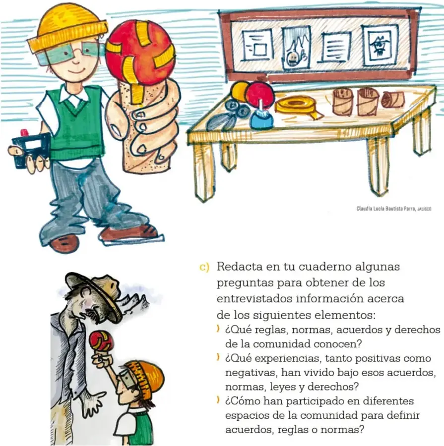 Niño reportero con casco amarillo, lentes y micrófono, junto a un brazo que sostiene una pelota roja y amarilla.