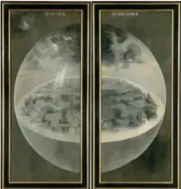 Paneles exteriores cerrados del tríptico, en grisalla, con la Tierra en forma de esfera.