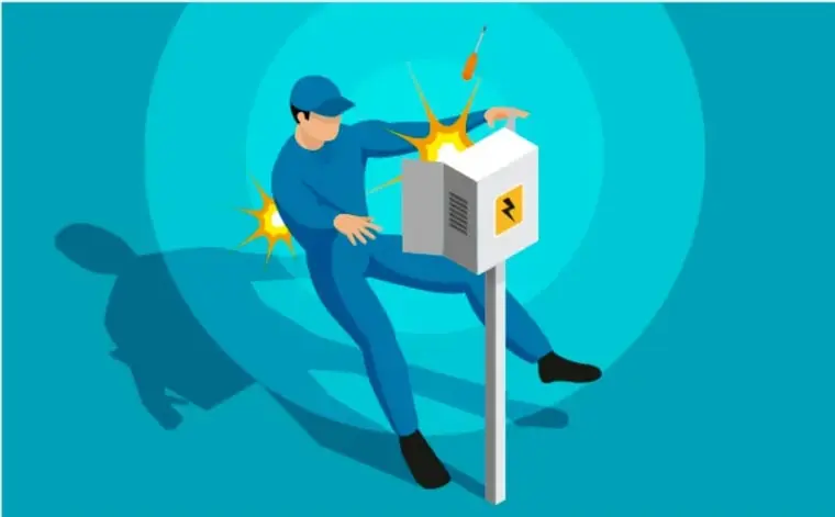Ilustración de un trabajador con casco y overol azul que recibe una descarga eléctrica al tocar un tablero o caja de conexiones montada en un poste; se observan chispas amarillas y una silueta de sombra sobre fondo turquesa.